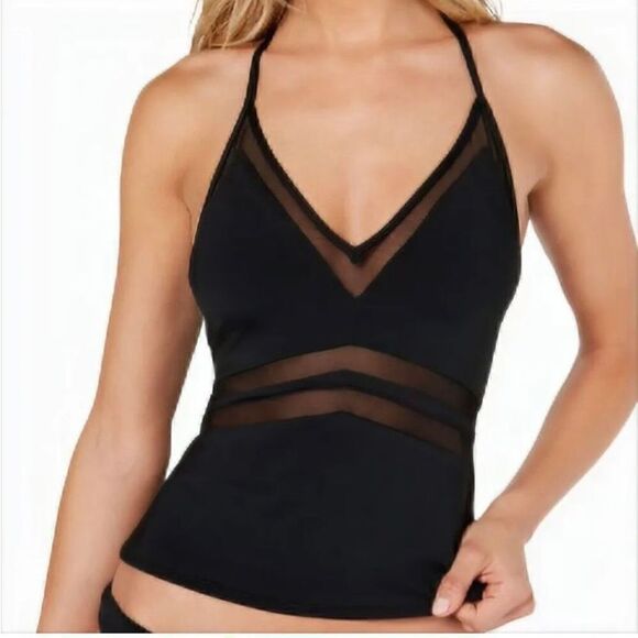 Bar lll “Run Wild” Tankini Black Mesh-Trim Stretchy Tied V-Neck Women XL NWT - Picture 1 of 9